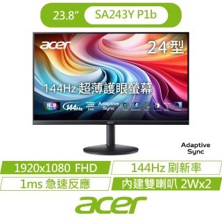 【Acer 宏碁】SA243Y P1b 24型 IPS FHD 16:9 144Hz超薄護眼電腦螢幕-黑(23.8吋/內建喇叭/AdaptiveSync/1ms)