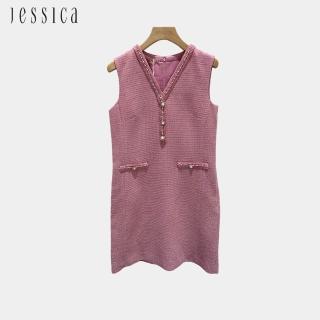 【JESSICA】法式顯瘦V領無袖小香風洋裝254720（粉）