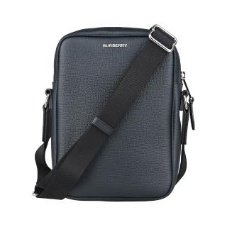 【BURBERRY 巴寶莉】BURBERRY PADDY雷雕LOGO小牛皮內搭格紋帆布拉鍊斜背記者包(暗夜藍)