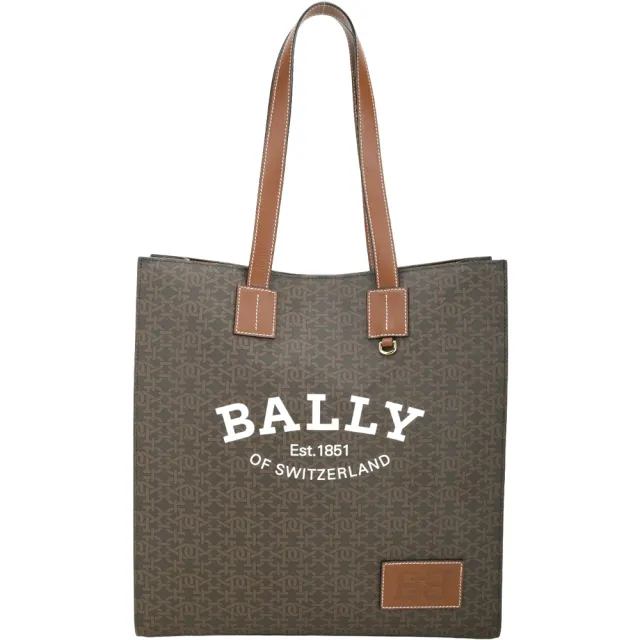 【BALLY】字母帆布拼接牛皮手提 肩背托特包-咖啡色