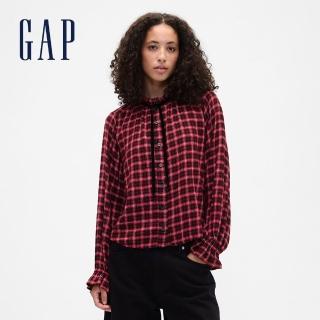 【GAP】女裝 圓領長袖襯衫-紅色格紋(842221)