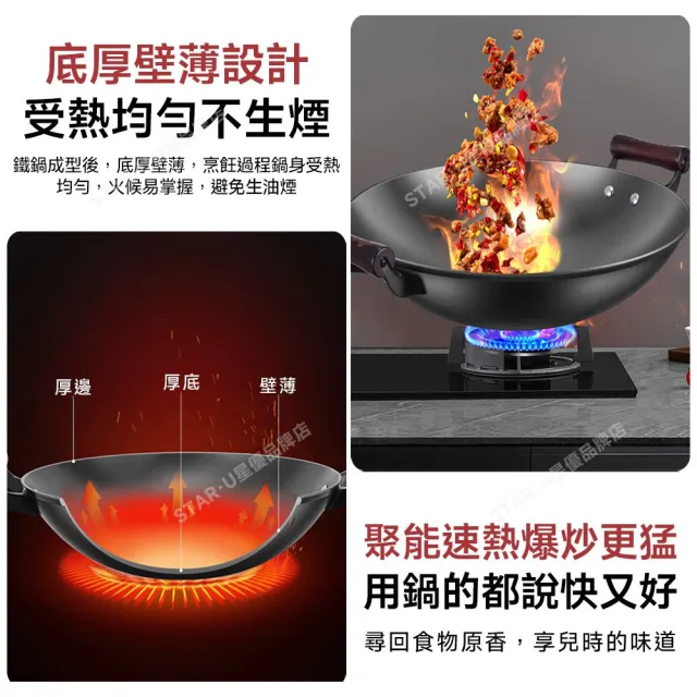 【顧家家居】炒鍋 家用炒鍋 鐵鍋 炒菜鍋 不沾鍋 煎鍋 贈鍋鏟/海綿刷(34cm帶蓋 已開鍋無塗層 電磁爐適用)