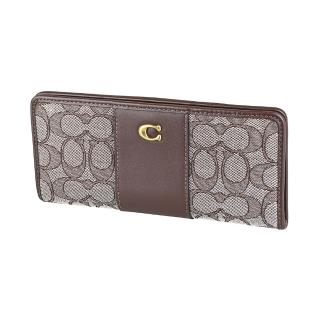 【COACH】COACH仿舊金C字LOGO緹花布拼小牛皮12卡按釦式長夾(深樺木褐)