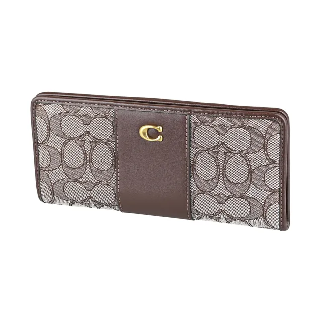 【COACH】COACH仿舊金C字LOGO緹花布拼小牛皮12卡按釦式長夾(深樺木褐)