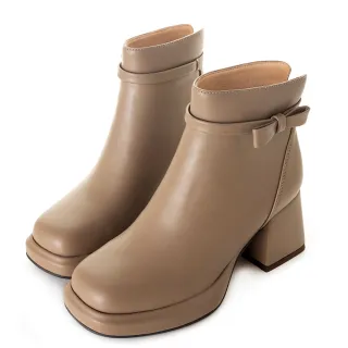 【amai】甜美千金風蝴蝶結高跟短靴 短靴 踝靴 短筒靴 粗跟 高跟 百搭 韓版 大尺碼 GB564KH(卡其色)