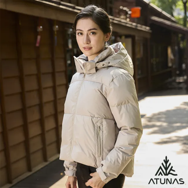 【ATUNAS 歐都納】女款HEAT CORE蓄熱保暖連帽羽絨外套(A1GA2528W灰卡/短版麵包外套/防潑水/防風/休閒/旅遊)