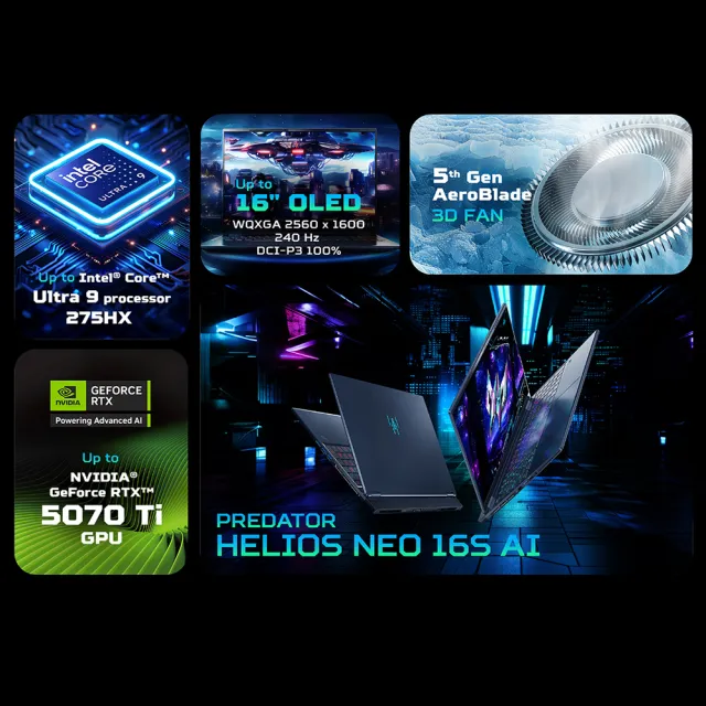 【Acer 宏碁】16吋Ultra 9 RTX5070Ti電競AI筆電(Predator/PHN16S-71-90TD/Ultra 9 275HX/32G/1TB/W11)