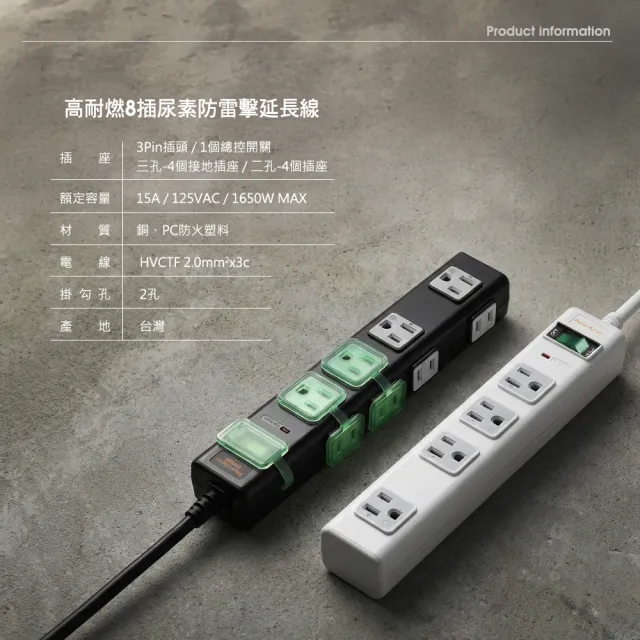 【PowerSync 群加】1開8插尿素防雷擊高耐燃3P+2P延長線/磁鐵固定/黑色/1.8m(TN8M0018)