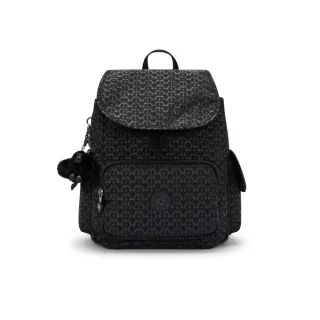 【KIPLING官方旗艦館】經典黑菱格紋印花拉鍊掀蓋後背包-CITY PACK S