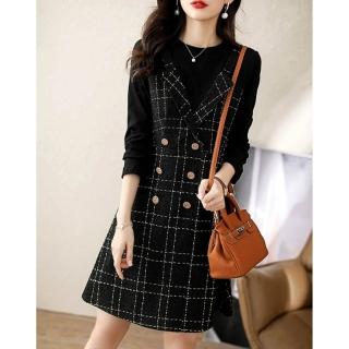 【baibeauty 白鳥麗子】知性格紋吊帶拼接圓領長袖假兩件洋裝連身裙