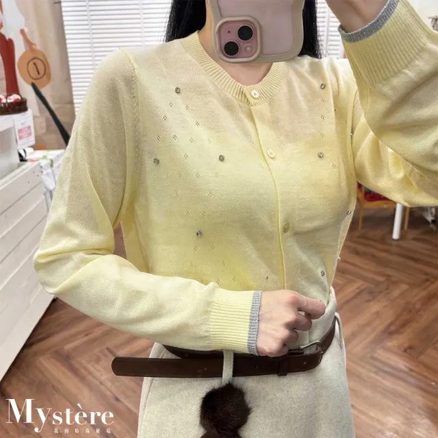 【my stere 我的時尚秘境】雙11 名媛鑲鑽雕花羊毛開襟上衣 羊毛針織 鏤空雕花上衣 羊毛上衣 針織