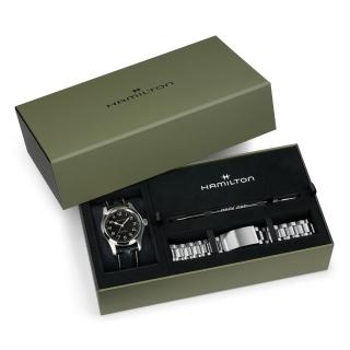 【HAMILTON 漢米爾頓】卡其陸戰墨菲腕錶 42mm 禮盒套組 (自動上鍊 中性 皮帶 鋼帶 H70605732)