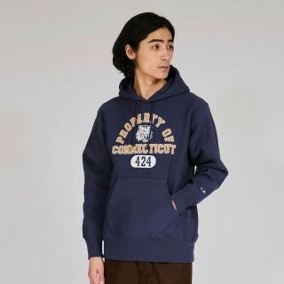 【Champion】官方直營 男款-REVERSE WEAVE寬版印花長袖帽T -深藍色(C3-C117-386 日規)