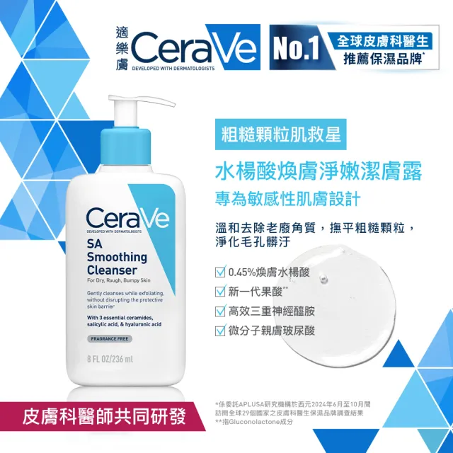 【CeraVe 適樂膚】角質代謝嫩膚組★長效潤澤修護霜+水楊酸煥膚淨嫩潔膚露 473ml(臉部身體乳霜)