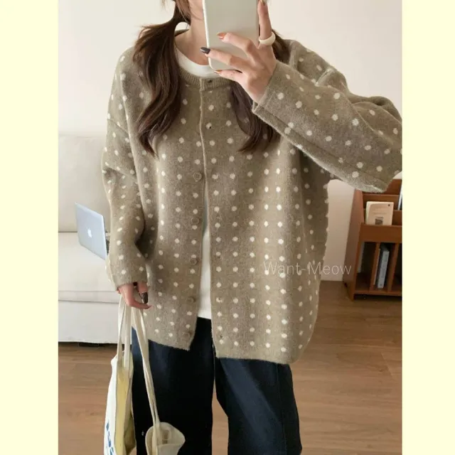 【Want-Meow】90公斤可穿復古波點軟萌高品質軟萌針織外套(大碼上衣/大碼/大尺碼/針織外套)
