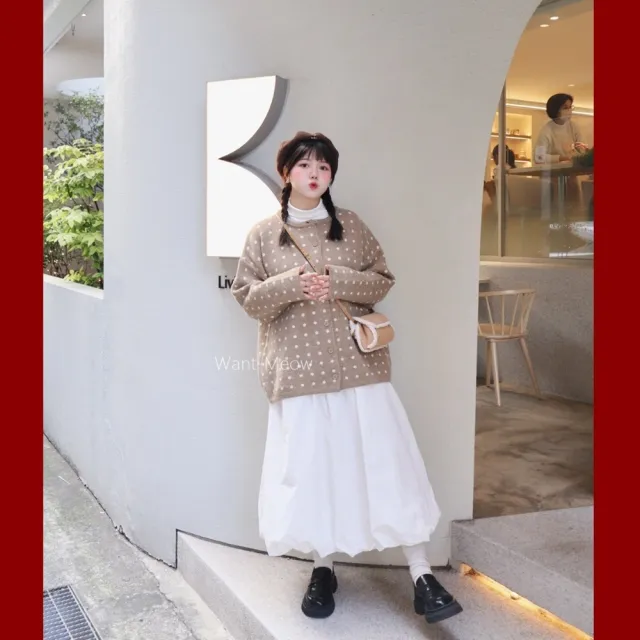 【Want-Meow】90公斤可穿復古波點軟萌高品質軟萌針織外套(大碼上衣/大碼/大尺碼/針織外套)