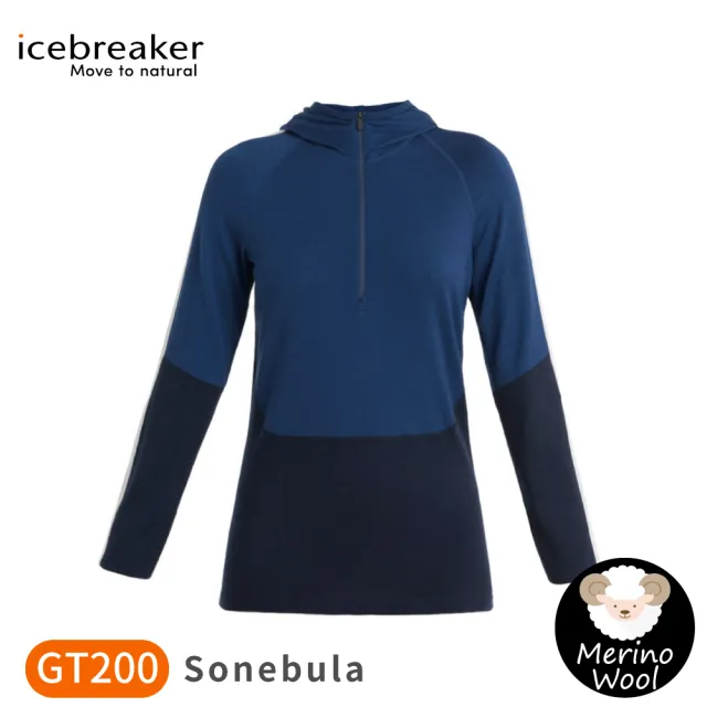 【Icebreaker】女 Sonebula 半開襟連帽長袖上衣 GT200《藍/深藍》0A56SW/內層衣/帽T/排汗T