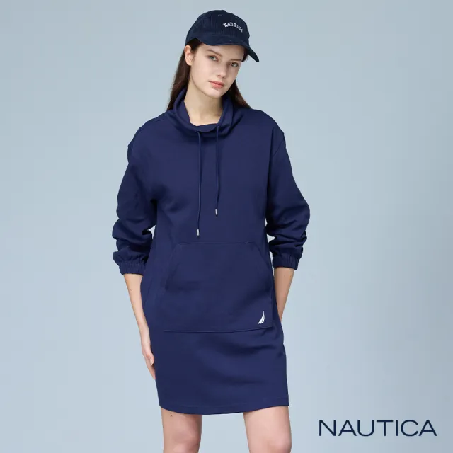 【NAUTICA】官方旗艦 女裝 立領抽繩長袖連身裙(藍色)