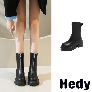 【Hedy】厚底中筒靴 粗跟中筒靴/個性前拉鍊設計百搭厚底粗跟中筒靴(黑)