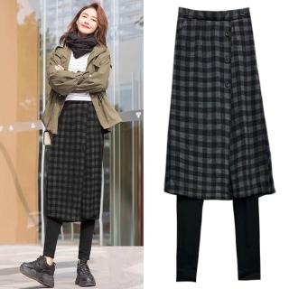 【buyer 白鵝】韓國製 禦寒刷毛保暖防寒假兩件褲裙 鈕釦格子M-XL