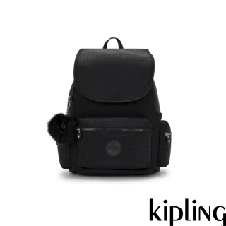 【KIPLING】黑色幾何印花多袋收納實用後背包-EZRA