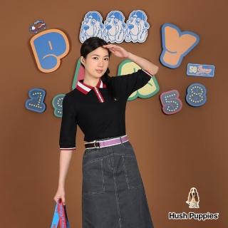 【Hush Puppies】女裝 POLO衫 配色領刺繡小狗七分袖POLO衫(黑色 / 54201105)