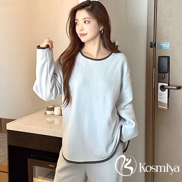 【Kosmiya】1套 加厚刷絨 休閒撞色雪粒絨長袖睡衣/女睡衣/居家服/兩件式睡衣(3色/均碼/加大碼)