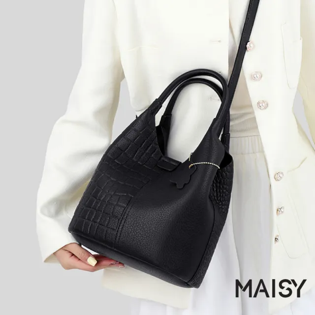 【MAISY】日系簡約荔枝紋軟皮亮澤手提包 斜跨包 單肩包(米白/卡其/黑)