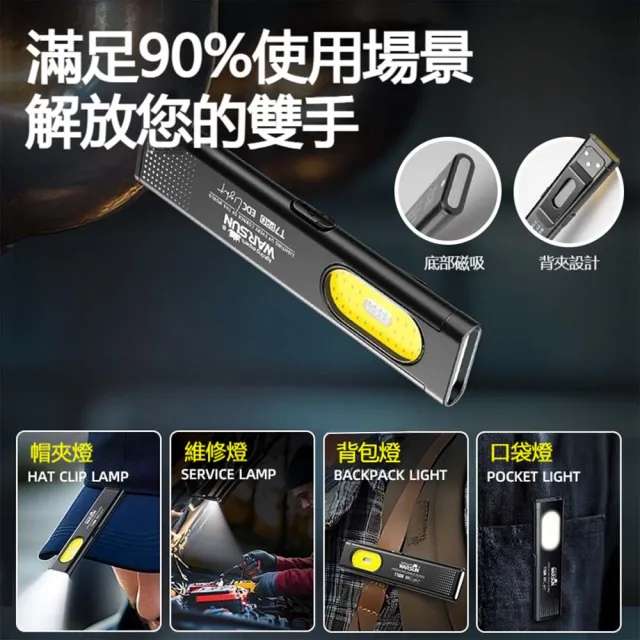 WARSUN沃爾森 雙光源磁吸手電筒 (T7pro EDC戰術手電筒 COB工作燈 帽夾燈 強光手電筒 警示燈 夜跑)