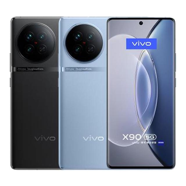 vivo X90 旗艦手機，搭載12GB記憶體與256GB儲存空間，採用聯發科系列處理器，提供流暢效能。6.5~7吋穿孔屏，3000萬以上畫素相機支援廣角、AI辨識與美拍美顏功能。電池容量3501~6000mAh，內建快充、NFC與雙卡雙待5G+5G SIM卡槽。藍色設計，2023年1~3月上市，享有1年保固。配件包含充電線（非原廠外盒與耳機不附贈，響應環保無充電頭）。