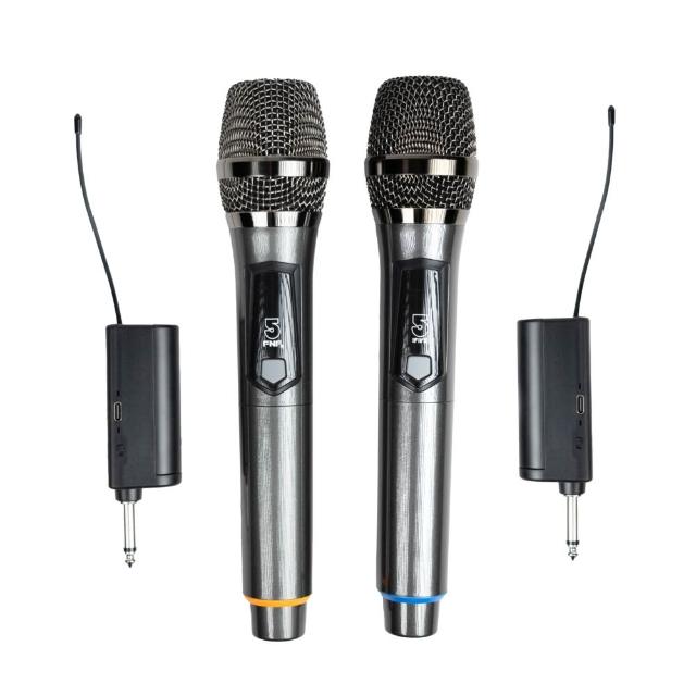 ifive VF02 無線動圈式手持麥克風二入組,專為家庭K歌、家用音響、會議及戶外活動設計。無線傳輸,黑色系外觀輕巧(431g),尺寸28x10.5x6.3cm。配件齊全含接收器x2、充電線x2、防滾架x2、海綿套x2及說明書。中國製造,享1年保固,NCC認證碼CCAH22LP9170T2,提供穩定清晰音質,適合各種場合使用。 ifive if-VF02