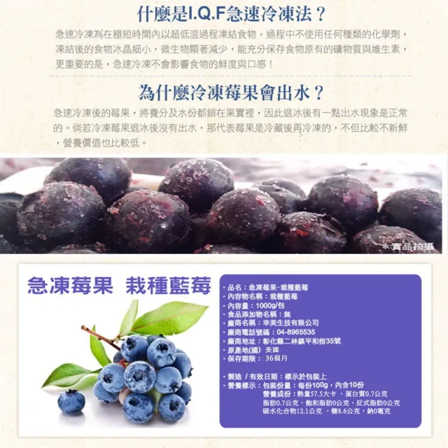 【幸美生技】美國原裝進口冷凍栽種藍莓2包/組1kgx2包贈牛番茄塊1kg1包(自主送驗A肝/諾羅/農殘/重金屬通過)