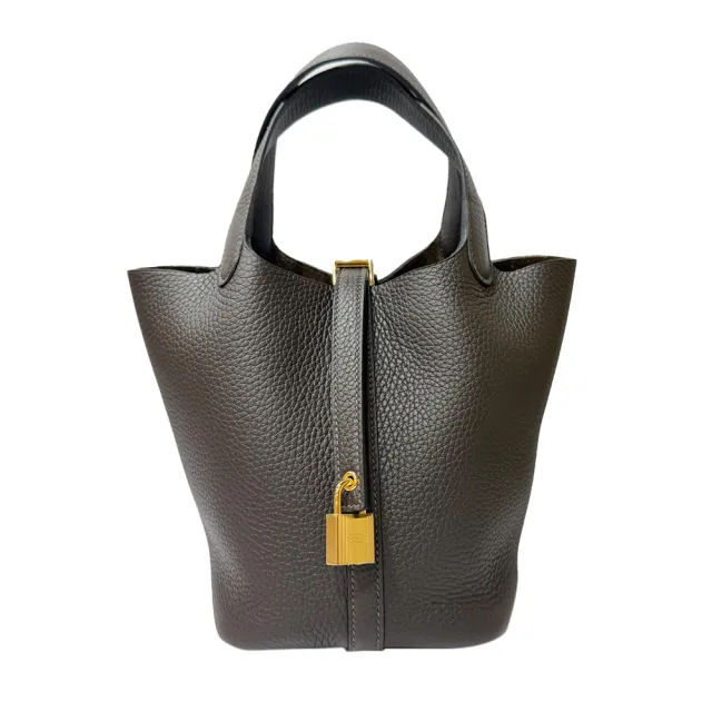【Hermes 愛馬仕】H056289CC 46 經典Picotin Lock 18菜籃子金釦手提水桶包(烏木黑)
