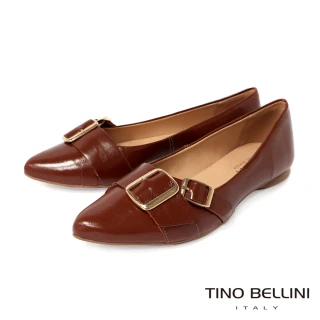 【TINO BELLINI 貝里尼】巴西進口 經典復古金屬方扣尖頭平底鞋FWBV042-9(駝色)