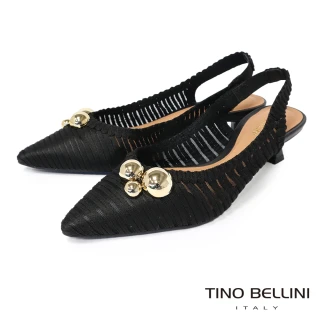 【TINO BELLINI 貝里尼】巴西進口 氣質女神金色圓球飾釦尖頭低跟鞋FW1T013-1(黑色)