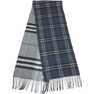 【BURBERRY 巴寶莉】100%喀什米爾 雙面粗細格紋 羊絨圍巾 168x30CM-深藍x灰