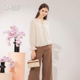 【IRIS 艾莉詩】浪漫荷葉領綁帶雪紡上衣-淺卡其(56101)