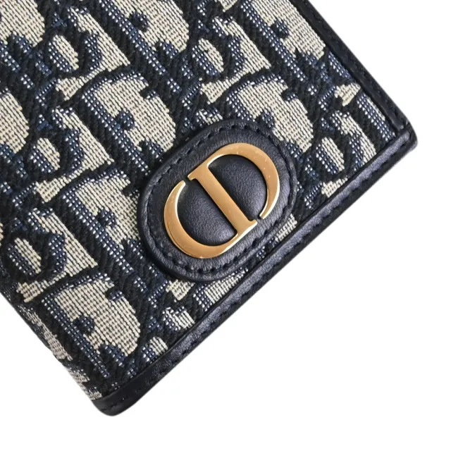 【Dior 迪奧】30 Montaigne 金屬LOGO緹花布信用卡護照夾(深藍)