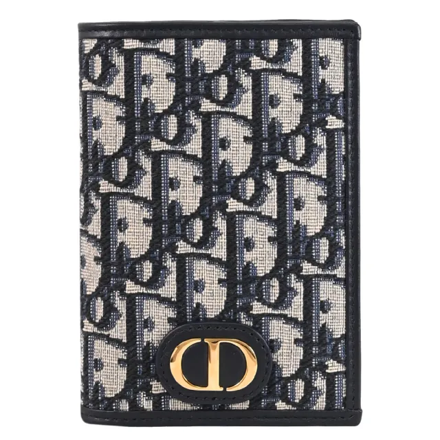 【Dior 迪奧】30 Montaigne 金屬LOGO緹花布信用卡護照夾(深藍)