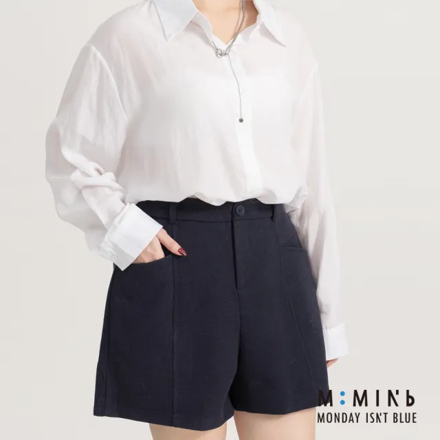 【M：MINb】遮胯必備口袋造型羊毛A字短褲(深藍/中大尺碼女裝/XL女裝/女裝/大尺碼短褲/肉肉女穿搭)