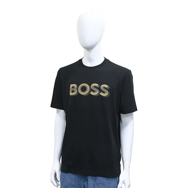 【BOSS】BOSS側邊黑標白字LOGO純綿陰影英文字設計圓領短袖T恤(男款/黑)