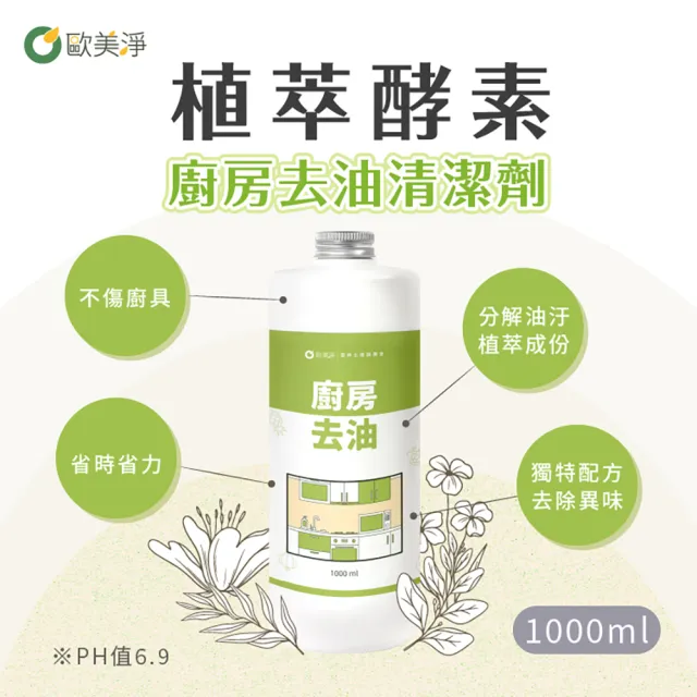 【歐美淨】植萃酵素廚房去油清潔劑補充瓶1000mlx6入(廚房家電/抽油煙機/瓦斯爐/氣炸鍋/微波爐)