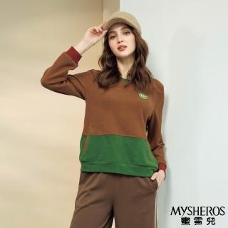 【MYSHEROS 蜜雪兒】嫘縈棉質混紡造型上衣 胸前繡片裝飾 運動風復古色調拼接(咖啡)