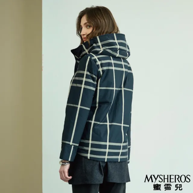 【MYSHEROS 蜜雪兒】拉鍊連帽外套 寬格紋翻蓋貼袋(丈青)
