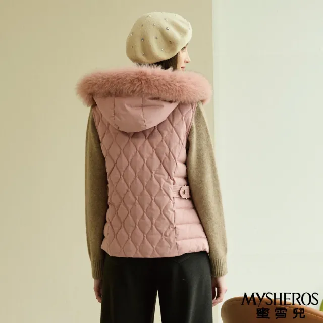 【MYSHEROS 蜜雪兒】菱格絎縫拉鍊開襟背心 狐狸毛連帽金釦(粉)