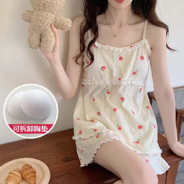 【RoseMi 瑰覓】大尺碼甜心日系冰絲吊帶背心短褲睡衣套裝蕾絲可愛印花胸墊2件式性感睡衣