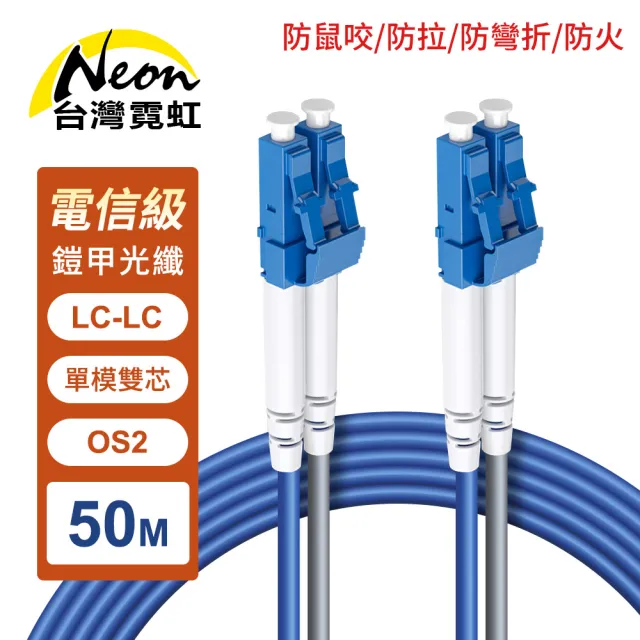 【台灣霓虹】防鼠咬防拉防彎折防火LC-LC單模雙芯OS2鎧甲光纖線50米