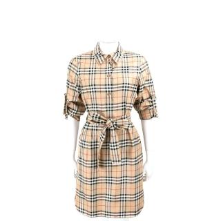 【BURBERRY 巴寶莉】Vintage 格紋純棉綁帶襯衫式洋裝-典藏米色