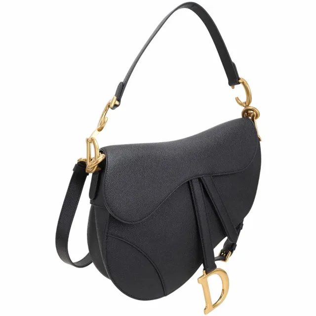 【Dior 迪奧】Saddle 粒面小牛皮附背帶手提 斜肩背馬鞍包-黑色
