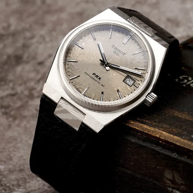 【TISSOT 天梭】大馬士革鋼PRX系列機械錶-銀x黑/38mm 送禮 禮物 推薦(T1378079608100/T137.807.96.081.00)